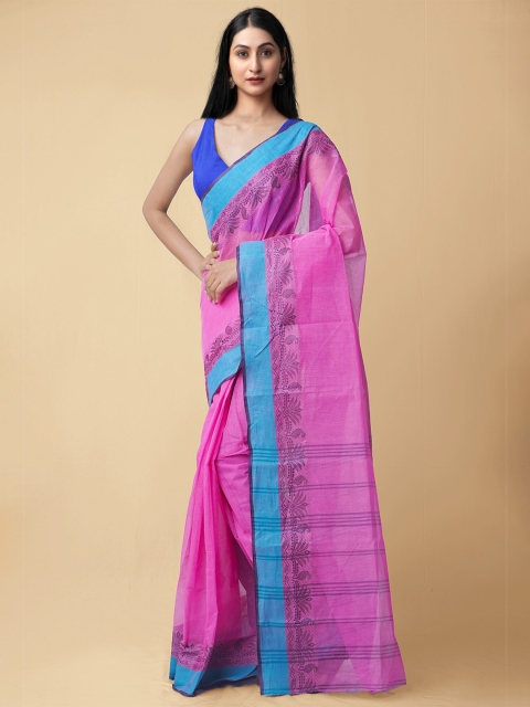 

Unnati Silks Pink & Blue Ethnic Motifs Pure Cotton Taant Saree