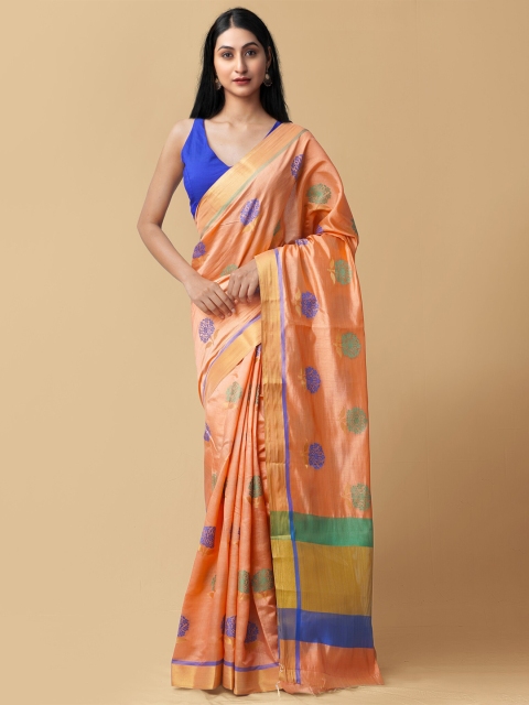 

Unnati Silks Orange & Green Woven Design Zari Silk Cotton Kanjeevaram Saree