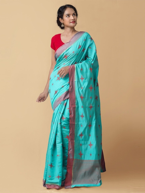 

Unnati Silks Turquoise Blue & Red Zari Kanjeevaram Silk Cotton Saree