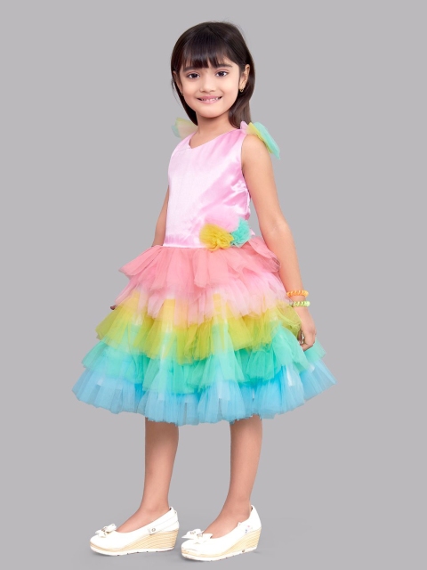 

Pink Chick Girls Pink & Green Tie & Dye Layered Satin A-Line Dress