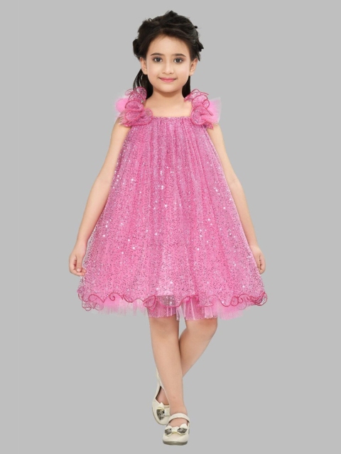 

Pink Chick Girls Pink & Silver-Toned Embellished Square Neck A-Line Dress