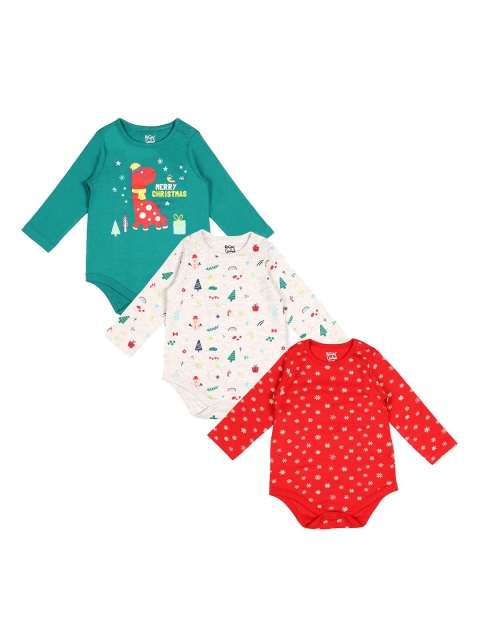 

KICKS & CRAWL Unisex Kids Pack Of 3 Printed Cotton Bodysuits, Red