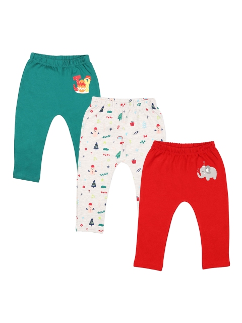 

KICKS & CRAWL Infant Kids Pack of 3 Printed Cotton Diaper Leggings, Red