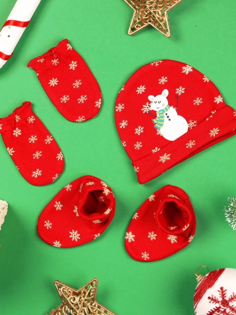 

KICKS & CRAWL Unisex Kids Red & White Printed Cap, Mittens & Booties Set