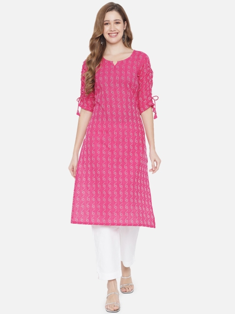 

AKIMIA Women Pink & White Ethnic Motifs Printed Pure Cotton Straight Kurta