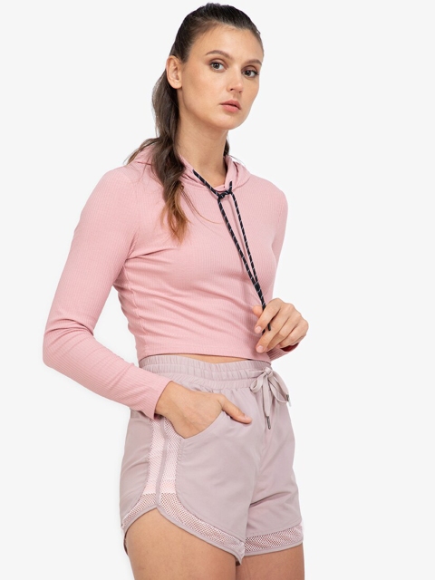 

ZALORA ACTIVE Women Pink Ribbed Cropped Hooded Sweatshirt