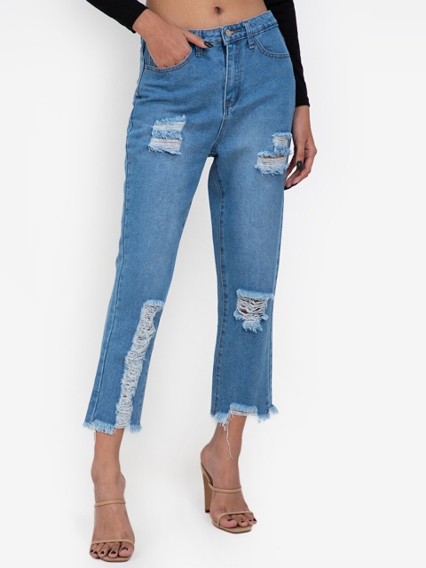

ZALORA BASICS Women Blue Highly Distressed Light Fade Jeans