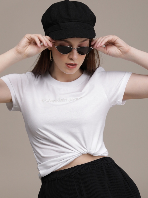 

Calvin Klein Jeans Women White Brand Logo Printed Slim Fit Pure Cotton T-shirt