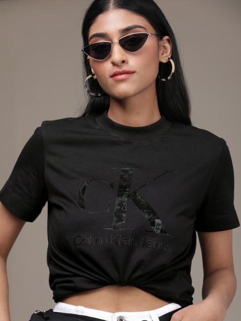 

Calvin Klein Jeans Women Black Brand Logo Printed Pure Cotton T-shirt