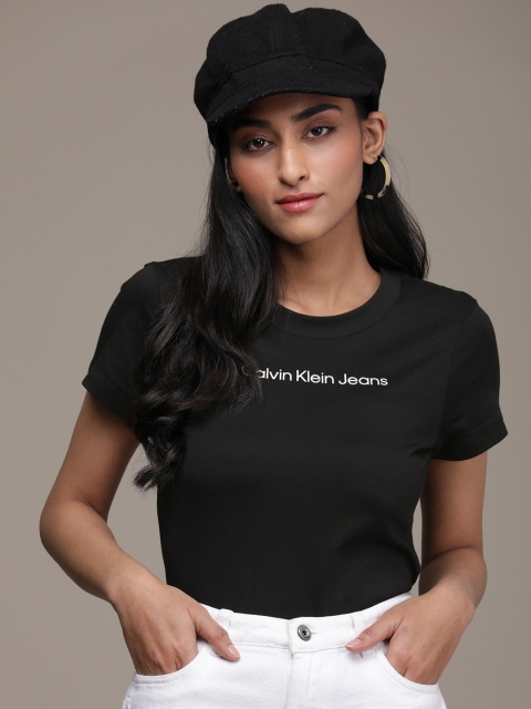 

Calvin Klein Jeans Women Black Brand Logo Printed Slim Fit Pure Cotton T-shirt