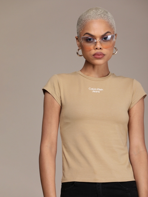 

Calvin Klein Jeans Women Brown & White Printed Slim Fit T-shirt