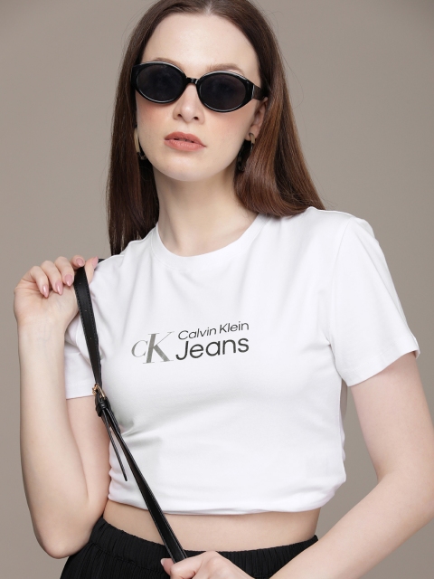 

Calvin Klein Jeans Women White Brand Logo Printed Slim Fit T-shirt