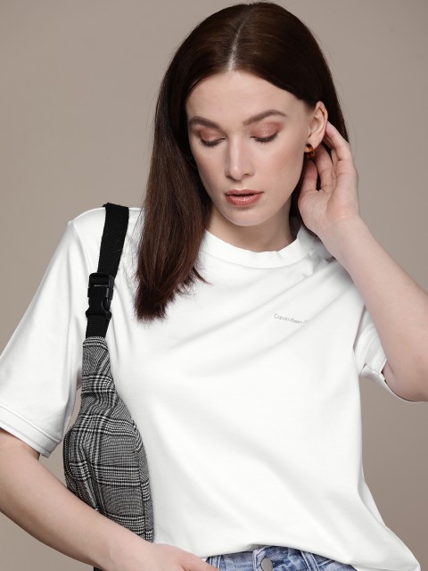 

Calvin Klein Jeans Women White Brand Logo Printed Pure Cotton T-shirt
