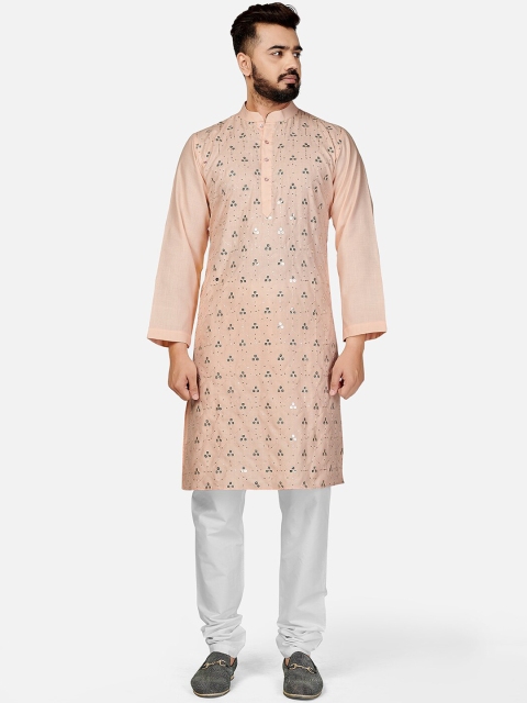 

SHOPGARB Men Peach-Coloured Ethnic Motifs Embroidered Sequined Kurta