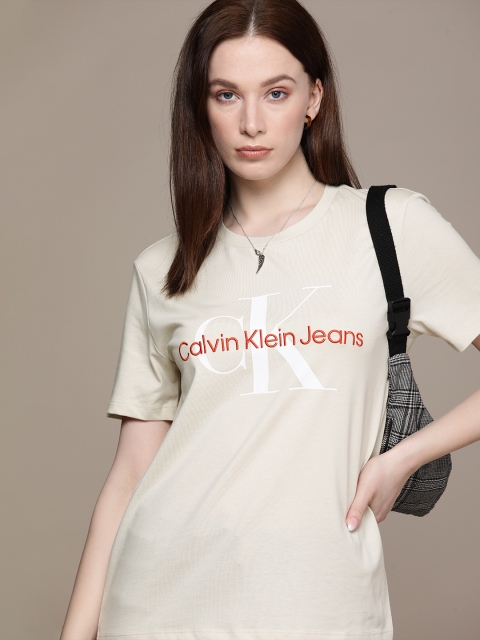 

Calvin Klein Jeans Women Beige Brand Logo Printed Pure Cotton T-shirt