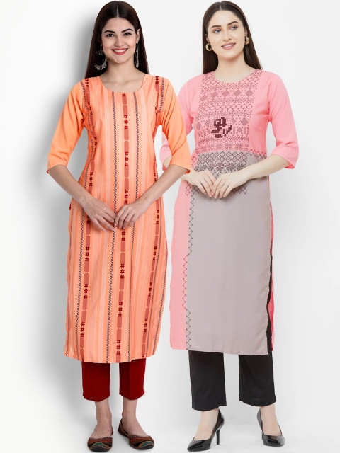 

Ethnic basket Women Pink & Orange Pack Of 2 Printed Kurtas