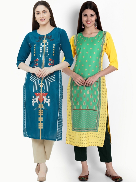 

Ethnic basket Women Pack of 2 Teal & Yellow Ethnic Motifs Printed Crepe Kurta