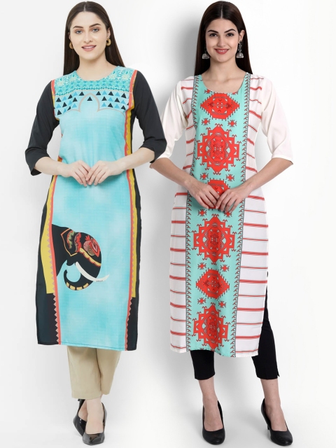 

Ethnic basket Women Pack of 2 Multicoloured Printed Floral Crepe Straight Kurtas, Multi