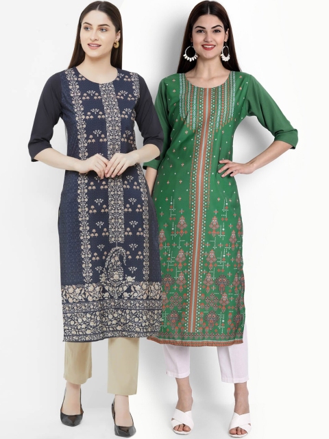 

Ethnic basket Women Blue & Green Ethnic Motifs Printed Crepe Kurta