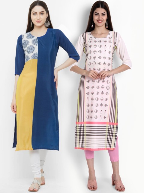 

Ethnic basket Women Blue & Pink Pack Of 2 Printed Kurtas