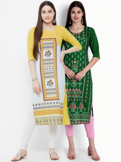 

Ethnic basket Women Yellow & Green Ethnic Motifs Printed Crepe Kurta