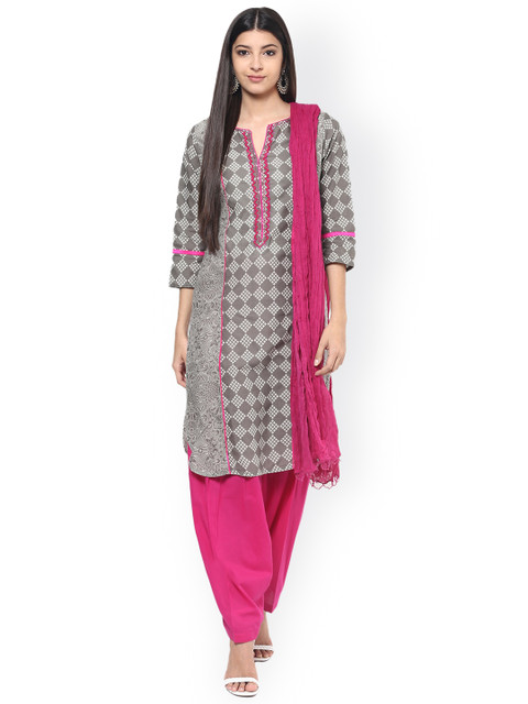 

Jaipur Kurti Grey & Pink Printed Salwar Suit with Dupatta