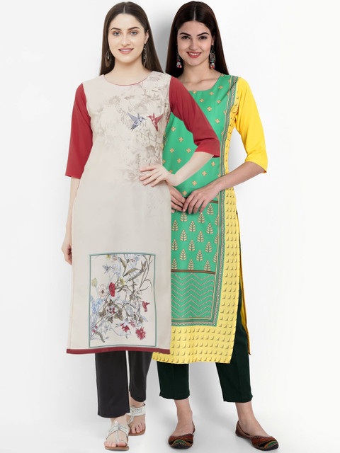 

Ethnic basket Women Beige & Yellow Pack Of 2 Printed Kurtas