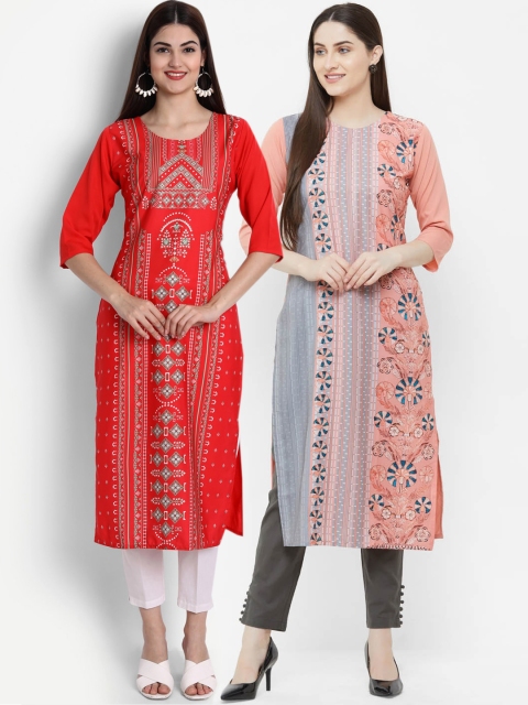 

Ethnic basket Women Set of 2 Red & Peach-Coloured Geometric Printed Crepe Kurta