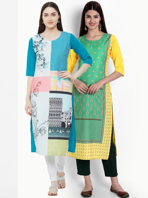 

Ethnic basket Pack of 2 Women Yellow & Turquoise Blue Printed Crepe Kurta