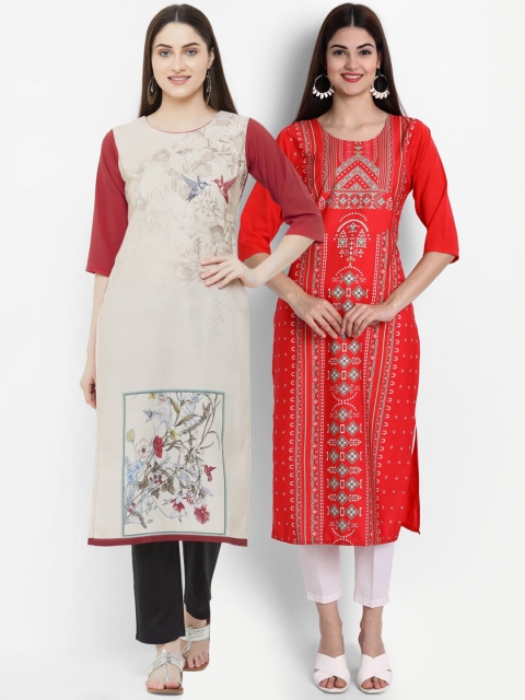 

Ethnic basket Women Pack of 2 Multicoloured Printed Floral Crepe Straight Kurtas, Multi