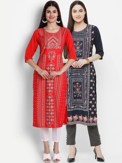

Ethnic basket Women Set of 2 Red & Navy Blue Geometric Printed Crepe Kurta