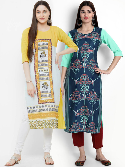 

Ethnic basket Women Yellow & Blue Ethnic Motifs Printed Crepe Kurta