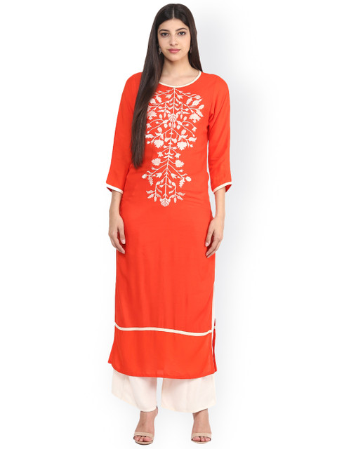 

Jaipur Kurti Women Orange Embroidered Straight Kurta