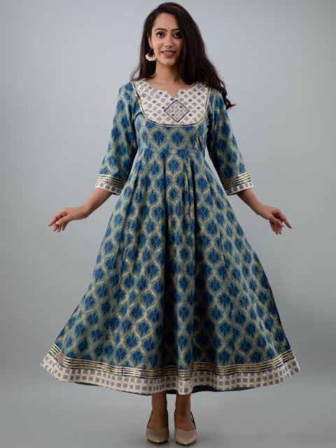 

KALINI Blue & Gold-Toned Ethnic Motifs Ethnic A-Line Maxi Dress