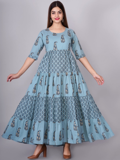 

KALINI Women Teal Ethnic Motifs Printed Thread Work Floral Anarkali Kurta
