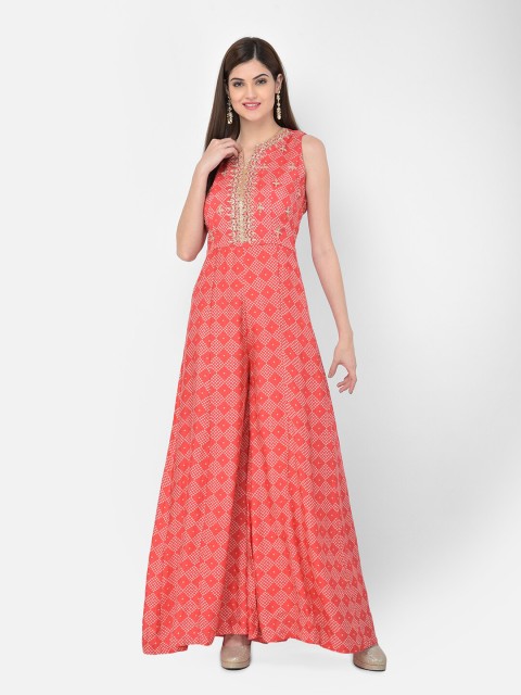 

Neerus Red & Gold-Toned Tie and Dye Crepe Ethnic Maxi Dress
