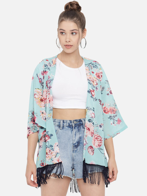 

PURYS Women Blue Printed Fringed Kimono Shrug