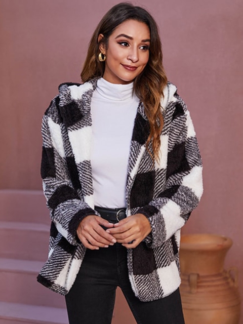 

BelleRUE Women Black White Checked Open Front Jacket