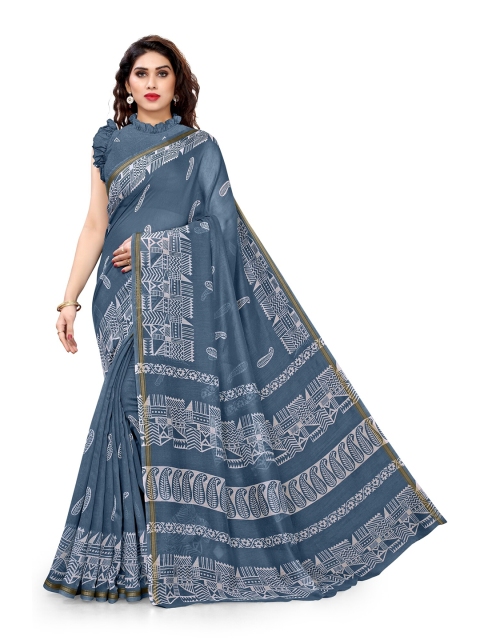 

KALINI Grey & White Ethnic Motifs Zari Saree