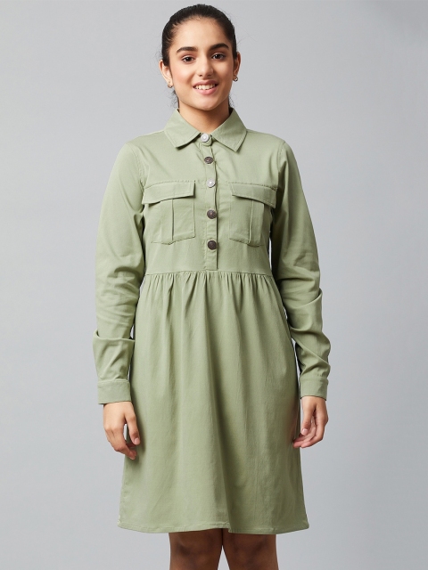 

Athena Girl Lime Green Solid Knee Length Shirt Dress