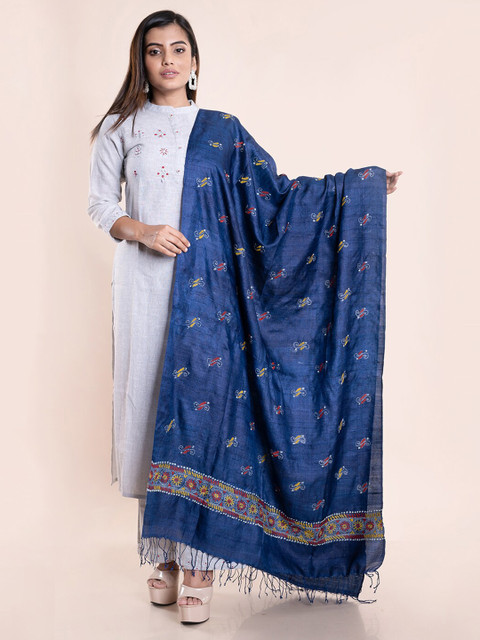 

ArtEastri Navy Blue & Yellow Embroidered Pure Silk Dupatta