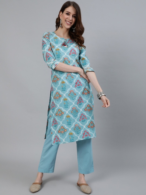 

Ishin Women Blue Printed Pure Cotton Kurti with Trousers