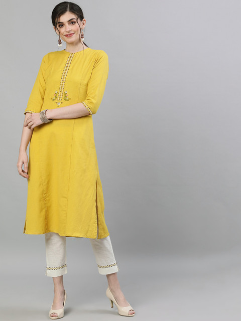 

Ishin Women Mustard Yellow Ethnic Motifs Kurta with Trousers