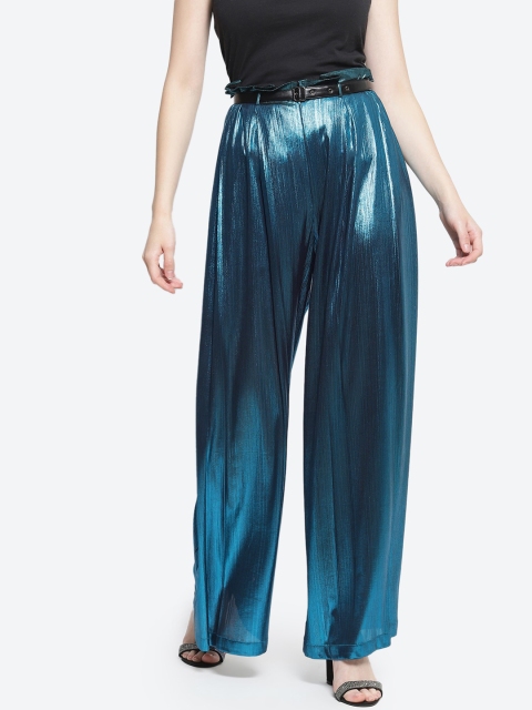 

radka Woman Metallic Blue Flared High-Rise Pleated Trousers