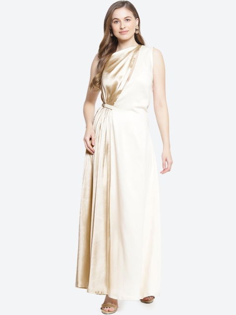 

radka Off White & Gold-Toned Colourblocked Satin Maxi Dress
