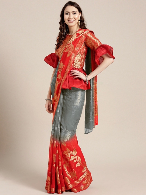 

Chhabra 555 Grey & Orange Woven Design Zari Half and Half Saree