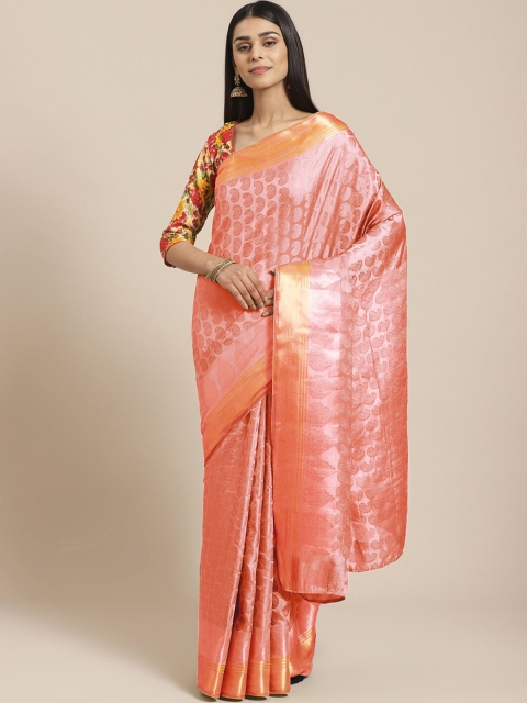 

Chhabra 555 Peach-Coloured & Orange Woven Design Zari Silk Blend Jamdani Saree