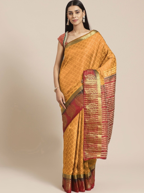 

Chhabra 555 Mustard Yellow & Red Ethnic Motifs Zari Silk Cotton Chanderi Saree