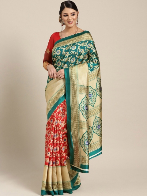 

Chhabra 555 Red & Teal Ethnic Motifs Zari Art Silk Half and Half Patola Saree