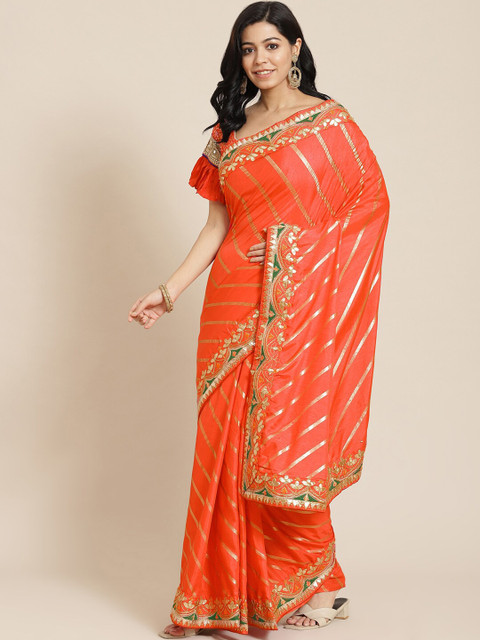 

Chhabra 555 Orange & Green Gotta Patti Silk Blend Leheriya Saree